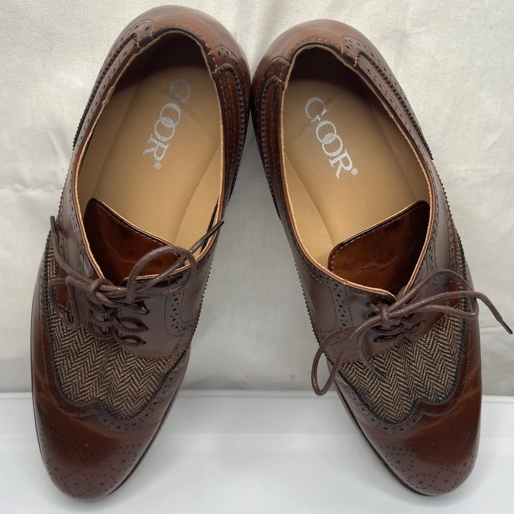 Goor Mens Brown Wingtip Oxford Dress Shoes Herringbone Brogue GS1069-333 Size 12